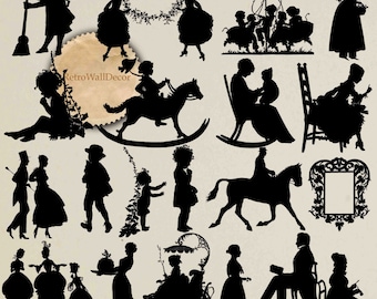 Vintage Silhouettes, Couple Silhouette, Children Clip art, Victorian silhouette, Children Silhouettes, Romantic couple Buy 2 Get 1 FREE