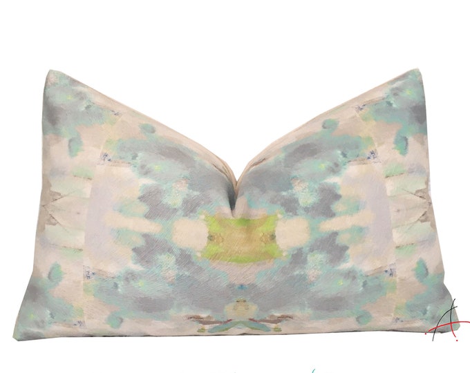 One Custom Laura Park Coral Bay Green Hide and Velvet Lumbar Pillow