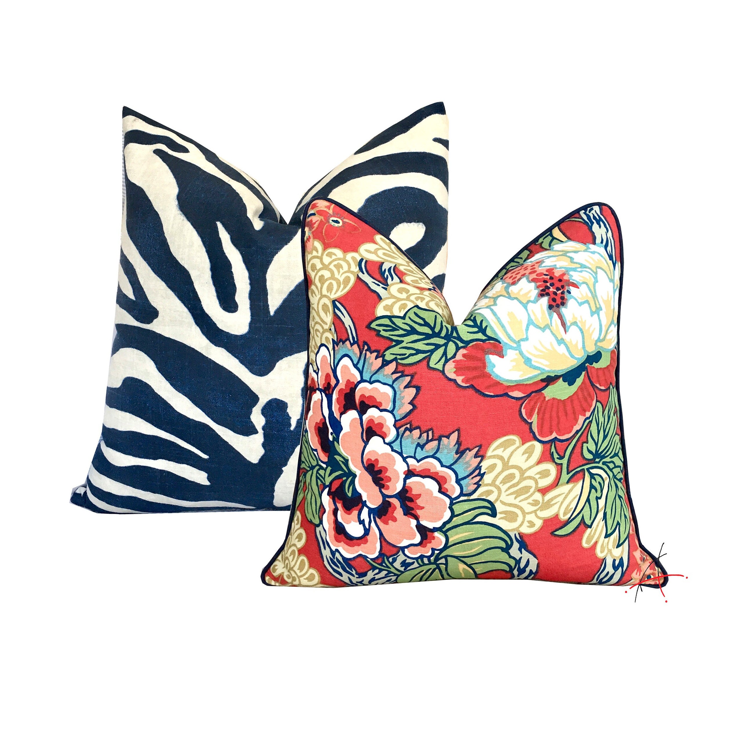 Thibaut Honshu Coral Pillow Cover With Navy Pipingdesigner Etsy