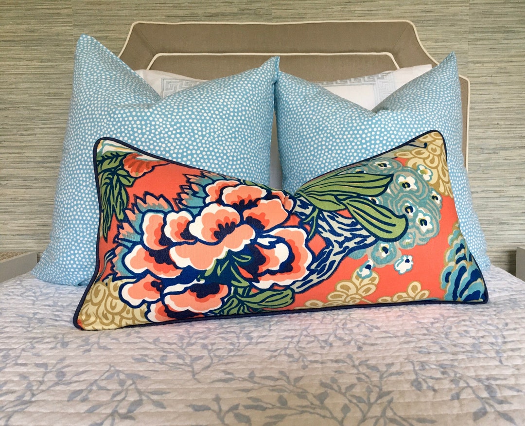 Thibaut Honshu Coral Pillow Cover With Navy Pipingdesigner Etsy