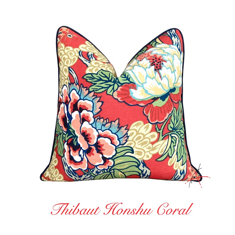 Thibaut Honshu Coral Pillow Cover With Navy Pipingdesigner Etsy