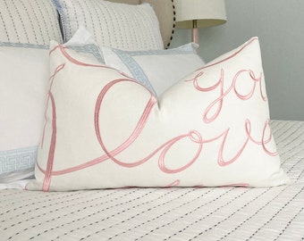 Schumacher Love Pillow Cover – Script Embroidery Nursery Decor