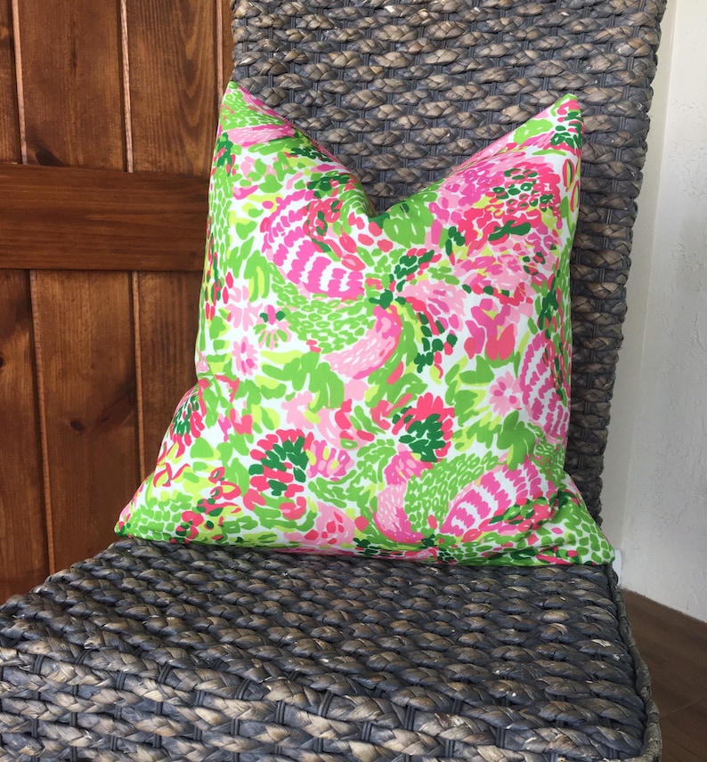 Lilly Pulitzer Searchin Urchin LushConch IndoorOutdoor Pillow Cover-Pink and Green Tropical Designer Pillowcase for Patio and Sunroom