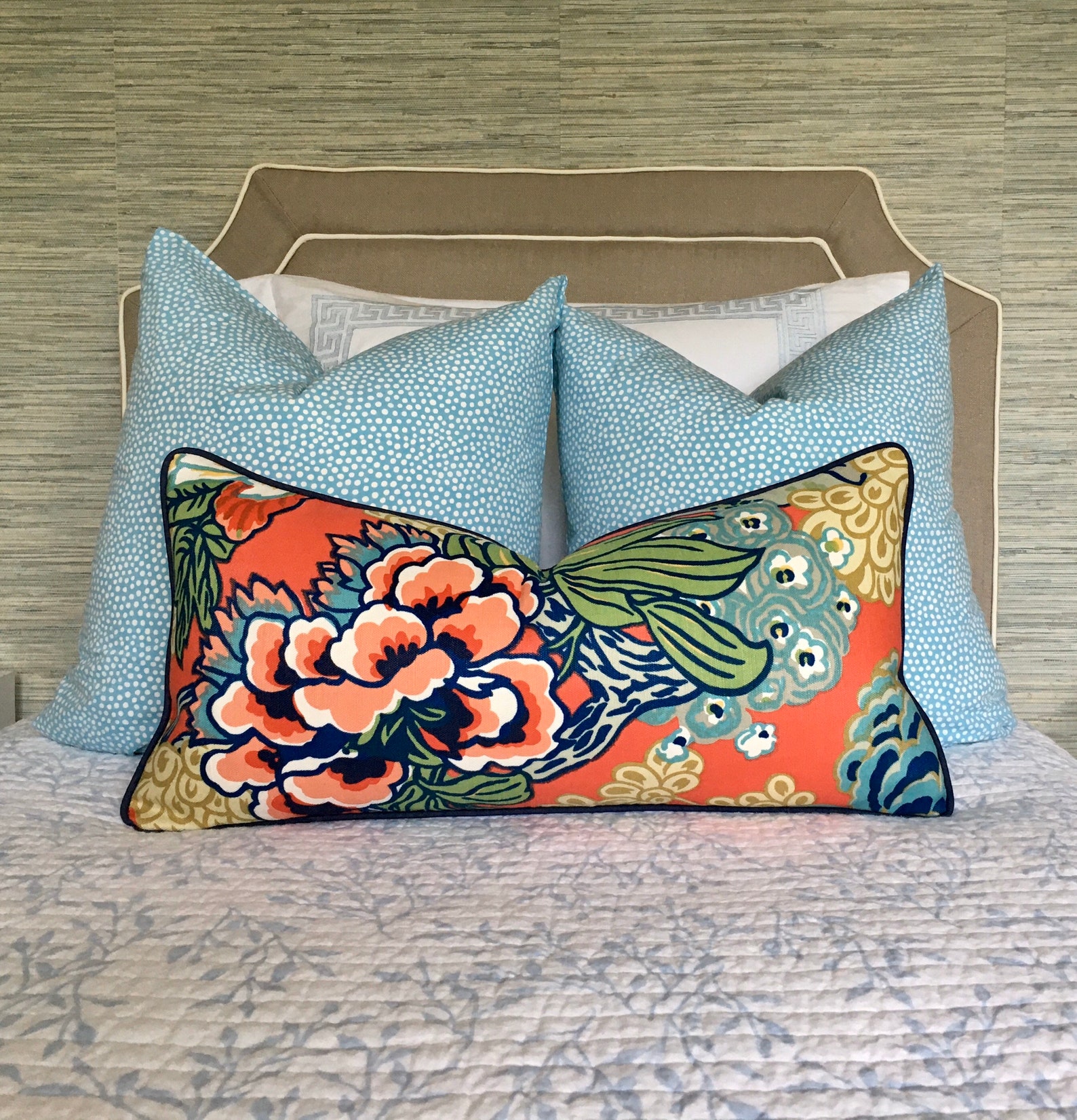 Thibaut Honshu Coral Pillow Cover With Navy Pipingdesigner Etsy