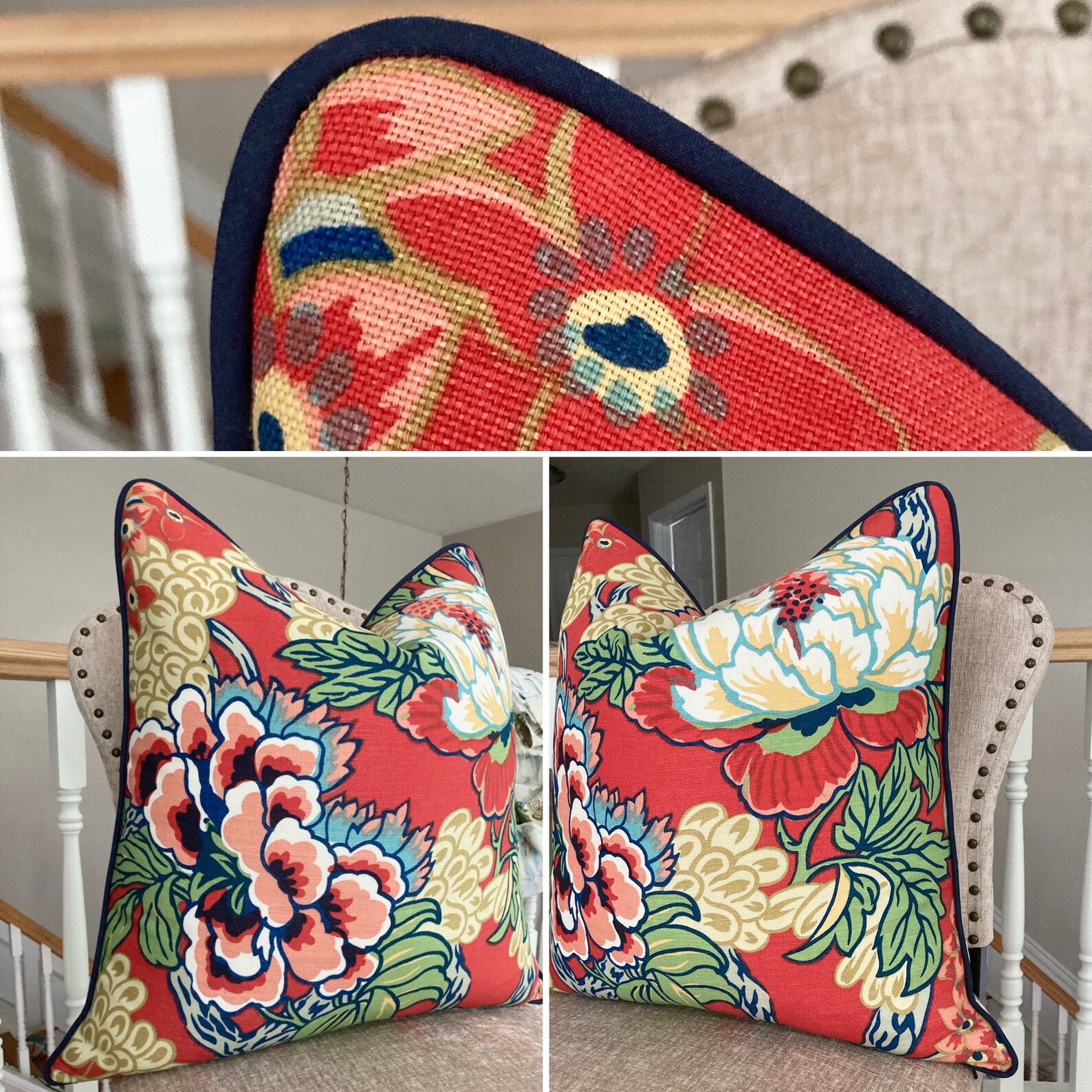 Thibaut Honshu Coral Pillow Cover With Navy Pipingdesigner Etsy