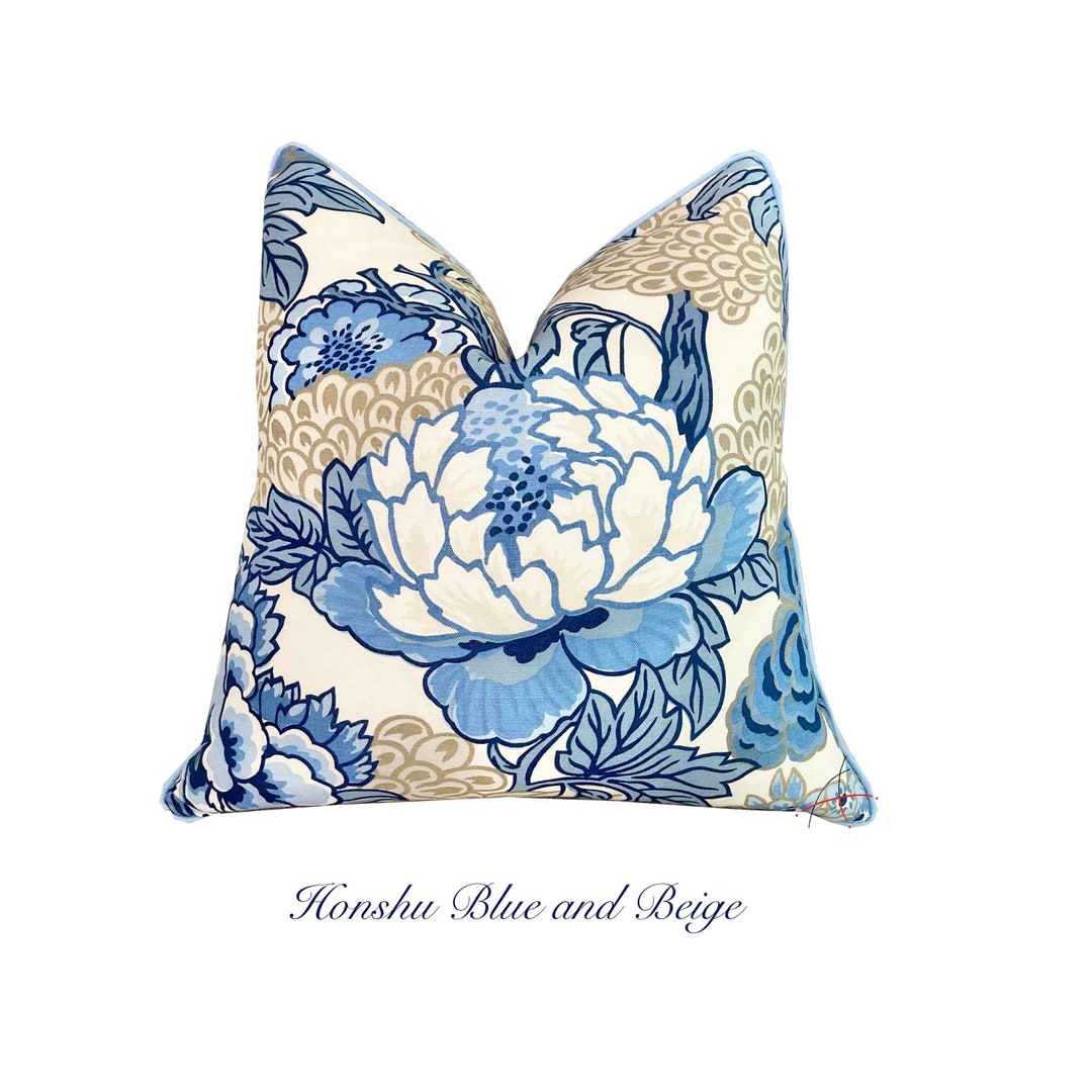 Thibaut Honshu Blue and Beige Designer Lumbar and Square Pillow Cover