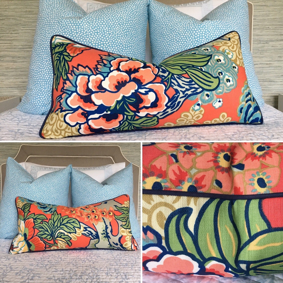 Thibaut Honshu Coral Pillow Cover with Navy pipingDesigner Etsy