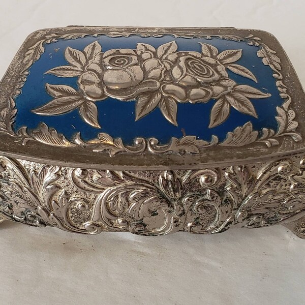 Silver and blue jewelry casket, trinket box, made in Japan