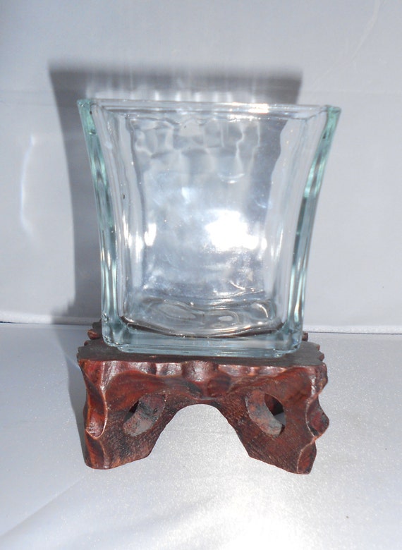 Vintage Glass Planter or Candle Holder With Wooden Base Etsy