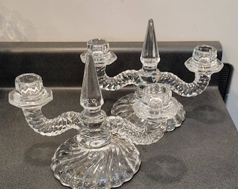 Crystal pair of Colony Double Candlesticks made by Fostoria Glass.