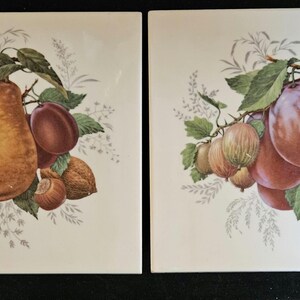 May include: Two ceramic tiles with painted fruit designs. The first tile features a pear, plums, and hazelnuts surrounded by red berries and green leaves. The second tile features a plum, a red apple, and a yellow apple with orange berries and black berries.