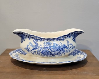 Crown Ducal Bristol Blue  Gravy Boat with Attached Plate