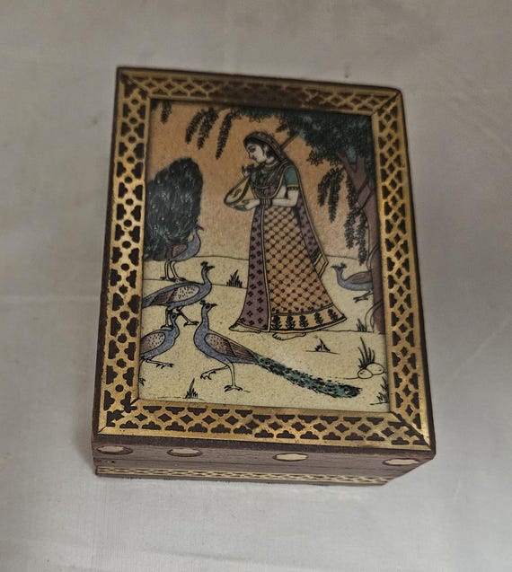 Gemstone Sand Painted Decorative Wooden Trinket Box - Peacock & Lady Motif