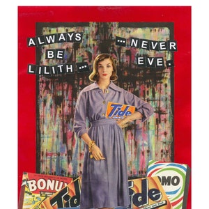 Puede incluir: Un collage vintage con una mujer con un vestido morado sosteniendo una caja de detergente para ropa Tide. El fondo es una pintura abstracta colorida. El collage incluye varias cajas de detergente para ropa vintage, incluyendo Persil, Crio y Omo.