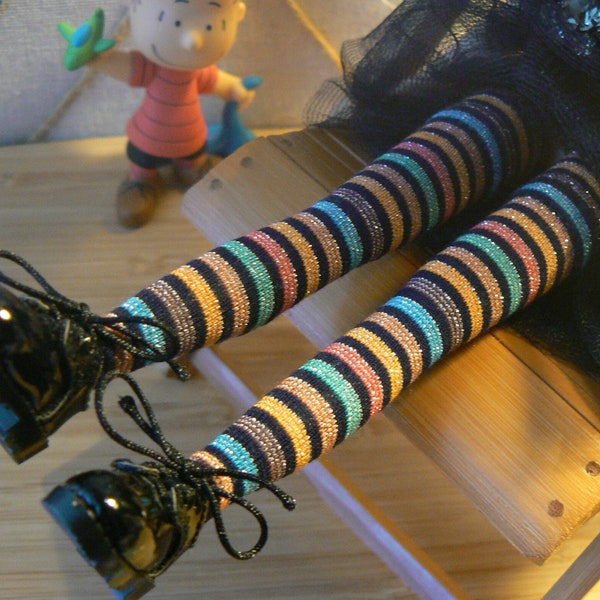 Rainbow Striped Blythe socks black blue green handmade in Paris France