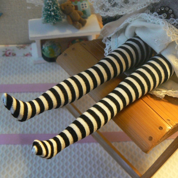 Black and White striped socks for Blythe dolls handmade in Paris France