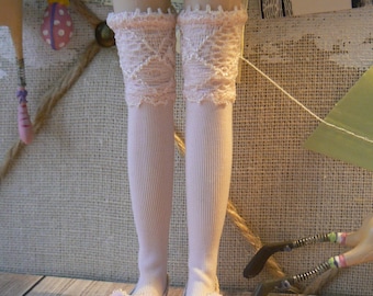 Pink lace socks for blythe over the knee handmade in Paris France