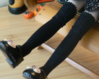 Black lace socks for blythe over the knee handmade in Paris France