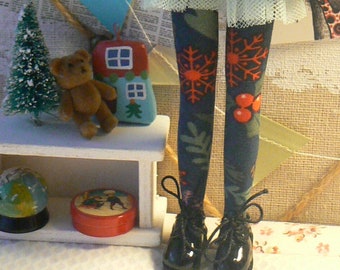 Christmas patterns Blythe doll Socks blue and red handmade in Paris France