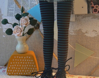 Brown and blue striped Blythe tights handmade in Paris