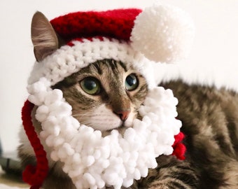 Bärtige Weihnachtsmütze für Katzen, Urlaubskatze Weihnachtsmütze mit weichem flauschigen Bart, Weihnachtsmütze für Katzen, Weihnachtskatzenfotorequisite, Weihnachtskatzenmütze