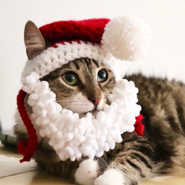 Sombrero de Papá Noel barbudo para gatos, Sombrero de Papá Noel de gato navideño con barba suave y esponjosa, Sombrero de Navidad para gatos, Accesorio fotográfico de gato de Navidad, Sombrero de gato de Papá Noel
