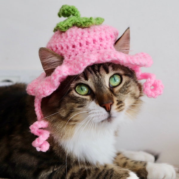 Flower hat for cats, pink floral cat hat with ear holes, spring / summer feline accessory, flower blossom costume / photo prop for small dog