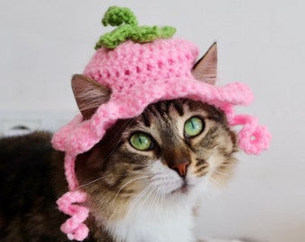 Flower hat for cats, pink floral cat hat with ear holes, spring / summer feline accessory, flower blossom costume / photo prop for small dog