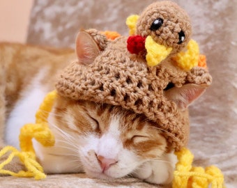 Thanksgiving Turkey Hat for Cats, Funny Turkey Cat Hat with Feathers and Ear Holes, Thanksgiving Cat Accessory, Cute Hat for Cats