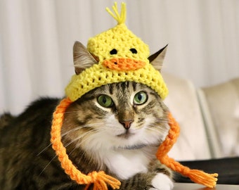 Duck Hat for Cats, Cute Yellow Ducky Cat Hat with Ear Holes, Easy Cat Halloween Costume Ideas, Funny Gift for Cat Lover, Crochet Pet Hats