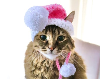 Chapeau de Père Noël rose pour chats, chapeau de Père Noël de chat de vacances avec des accents rose vif, chapeau de Noël pour chats, accessoire photo de chat de Noël, chapeau de chat de Père Noël