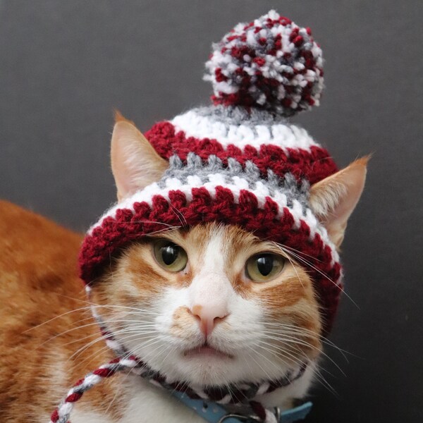 Beanie Hat for Cats, Burgundy - Gray - White Striped Pom Pom Hat for Cats / Kittens / Small Dogs, Cat Stocking Cap with Ear Holes