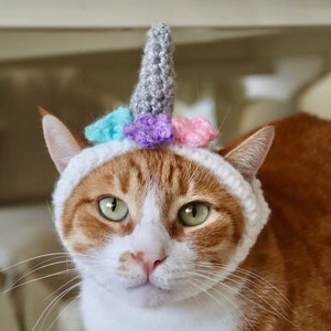 Unicorn cat hat, Silver cat unicorn horn headband with blue, pink, and purple flowers, cute unicat caticorn halloween cat costume photo prop
