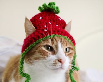 Strawberry Hat for Cats, Crochet Strawberry Hat for Cats and Small Dog Breeds, Funny Fruit Cat / Kitten Photo Prop Accessory
