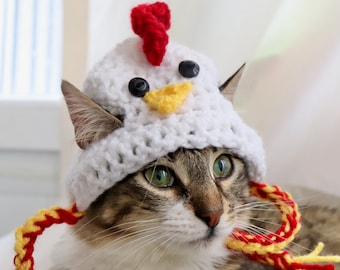 Chicken Hat for Cats, Funny White Rooster Cat Hat with Ear Holes, Cute Feline Pet Accessory / Photo Prop