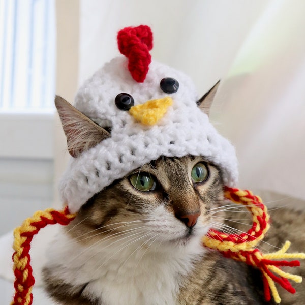 Chicken Hat for Cats, Funny White Rooster Cat Hat with Ear Holes, Cute Feline Pet Accessory / Photo Prop