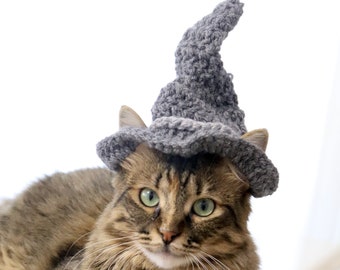 Chapeau de chat sorcier, chapeau de sorcier brun ou gris pour chats avec trous d’oreille, costume de chat d’Halloween, chapeau magique d’Halloween pour chats, chapeau d’animal de compagnie d’Halloween