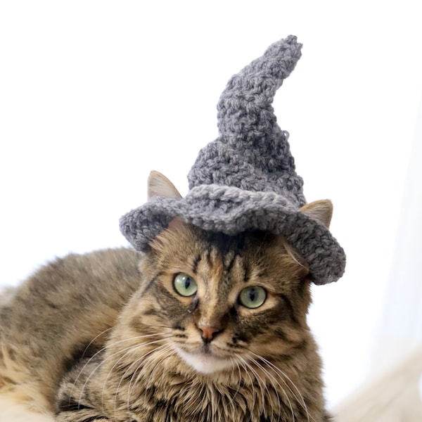 Wizard Cat Hat, Brown or Gray Wizard Hat for Cats with Ear holes, Halloween Cat Costume, Halloween Magic Hat for Cats, Halloween Pet Hat