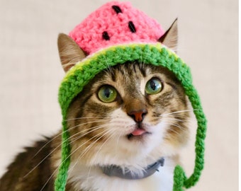 Watermelon Hat for Cats, Crochet Watermelon Hat for Cats and Small Dog Breeds, Funny Fruit Cat / Kitten Photo Prop Accessory
