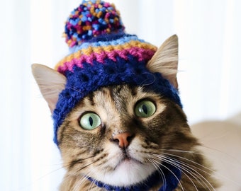 Bonnet pour chat : bonnet d'hiver à rayures colorées et tendance pour chat avec bords-côtes, trous pour les oreilles et pompon lumineux, tuque pour bonnet de Noël