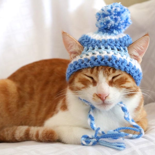 Hat for Cats, Toboggan Cat Hat, Beanie for Cats & Kittens, Cat Stocking Cap, Bobble Hat for Cats and Small Dogs, Cat Toque, Striped Pet Hat