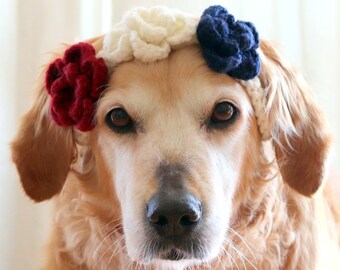 Accessoire de couronne de fleurs du 4 juillet pour grands chiens, bandeau / collier de fleurs pour chiens Patriotuc Independence Day en couleurs rustiques