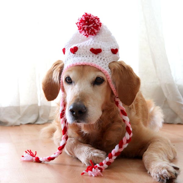 Valentines Day Dog Hat, Valentines Day Dog Photo Prom, Dog Hat with Red Hearts, Pom Pom and Braids, for Large Breed Dogs / Retrievers / Labs