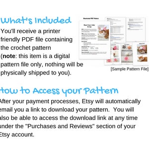 May include: A digital download for a crochet pattern for a flower crown collar for cats. The image shows a sample pattern page with a cat wearing the flower crown collar. The text on the page reads "Illustrated PDF Pattern" and "Flower Crown Collar for Cats".