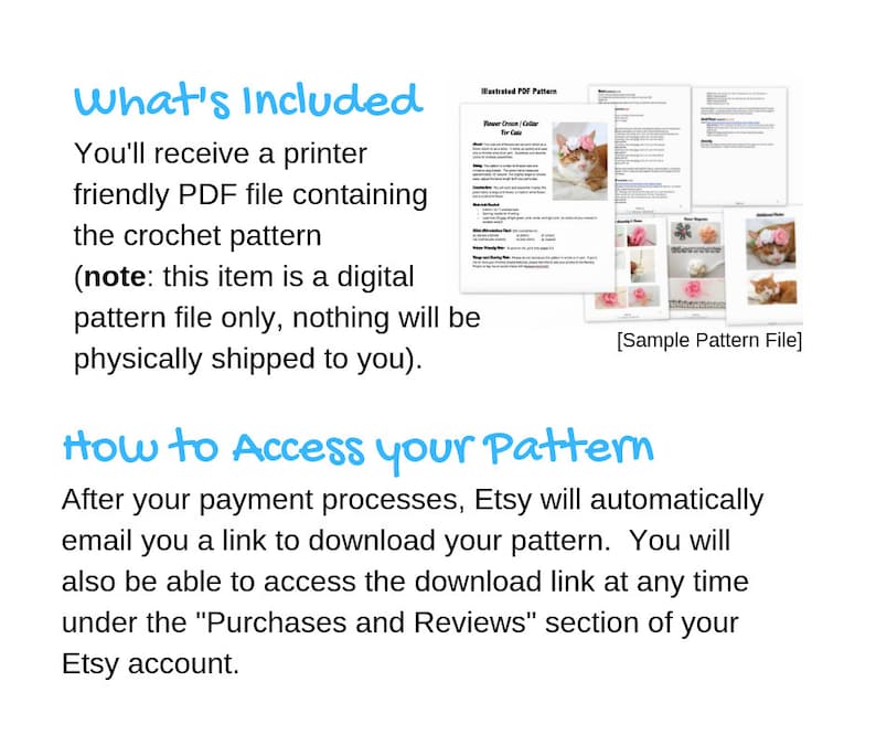 May include: A digital download for a crochet pattern for a flower crown collar for cats. The image shows a sample pattern page with a cat wearing the flower crown collar. The text on the page reads "Illustrated PDF Pattern" and "Flower Crown Collar for Cats".