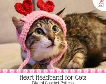 Crochet Pattern: Valentines Day Heart Headband for Cats with Ear Holes and Chin Straps, Valentines Themed Digital Crochet Pattern for Pets