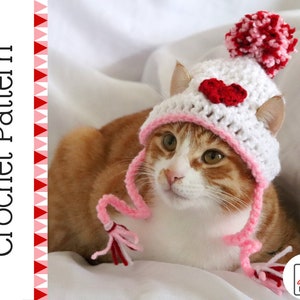 Crochet Pattern: Valentines Day Heart Hat for Cats with Pom Pom, Ear Holes, and Tassles, Valentines Crochet for Pets, Feline Accessories