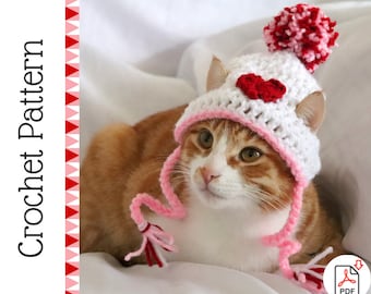 Patrón de crochet: Gorro de San Valentín con forma de corazón para gatos con pompón, orificios para las orejas y borlas, Crochet de San Valentín para mascotas, accesorios felinos