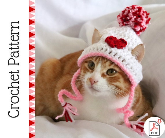 Crochet Pattern: Valentines Day Heart Hat for Cats with Pom Pom, Ear Holes, and Tassles, Valentines Crochet for Pets, Feline Accessories
