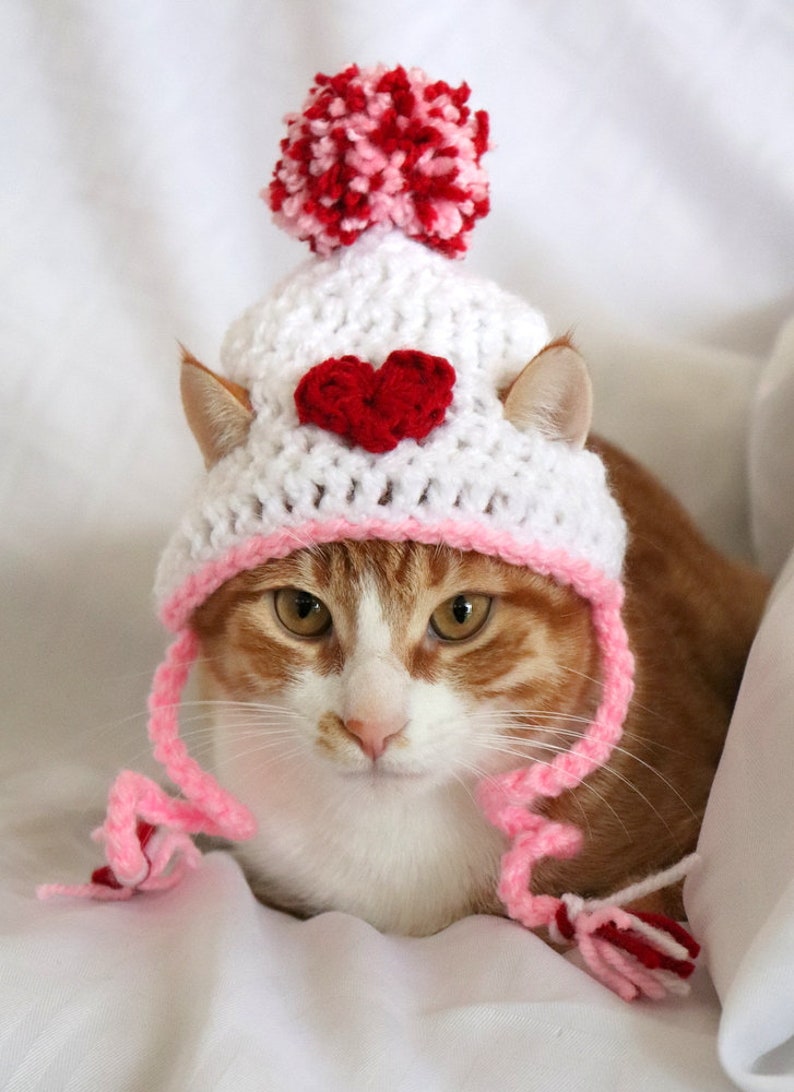 May include: A white and pink crocheted cat hat with a red heart on the front and a pink and red pom-pom on top. The hat is worn by a cat with orange and white fur.